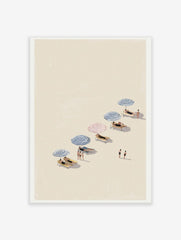 Illustrative beach day wall art with people relaxing under blue and red striped umbrellas on a sandy shore.