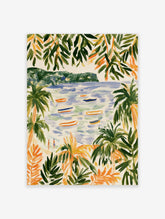 Coastal beach scene with palm trees, boats on water, and distant hills, illustrative art print