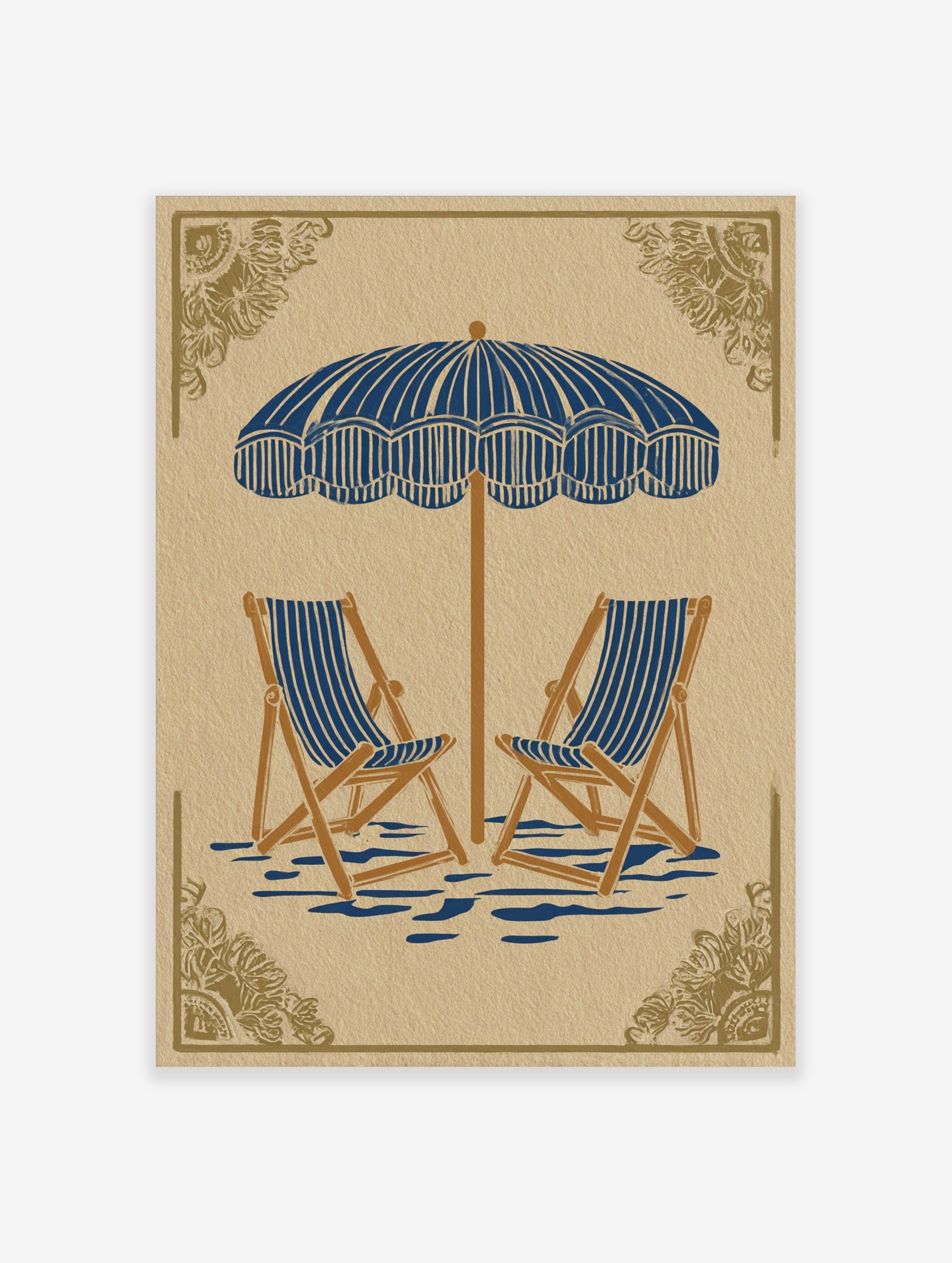 Illustrative beach scene art print with blue and white striped parasol and two deck chairs on beige background