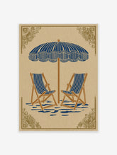 Illustrative beach scene art print with blue and white striped parasol and two deck chairs on beige background