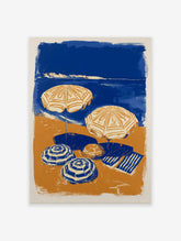 Blue and orange beach scene poster with two open umbrellas, two closed umbrellas, and a striped towel on the sand next to the ocean.
