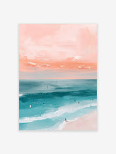 A beach surf art poster with a pink sky, blue ocean waves, and small figures of surfers in the water.