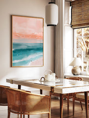 A beach surf art poster with a pink sky, blue ocean waves, and small figures of surfers in the water. - Image 2