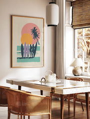 Retro beach surf poster with silhouettes of surfer girls, palm trees, and a pink and orange sunset over turquoise water. - Image 2