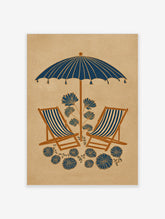 Illustrative beach scene with navy blue umbrella, striped deck chairs, and stylised blue botanical flowers on beige