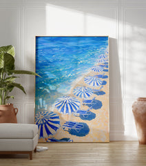 Blue Beach Umbrellas poster showing a painting of a sandy beach with striped umbrellas, lounge chairs, and blue ocean waves. - Image 3