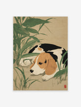 Japanese style art print featuring a tri-color beagle dog resting in lush green foliage on a tan background.