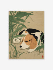 Japanese style art print featuring a tri-color beagle dog resting in lush green foliage on a tan background.