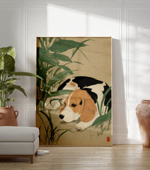 Japanese style art print featuring a tri-color beagle dog resting in lush green foliage on a tan background. - Image 3