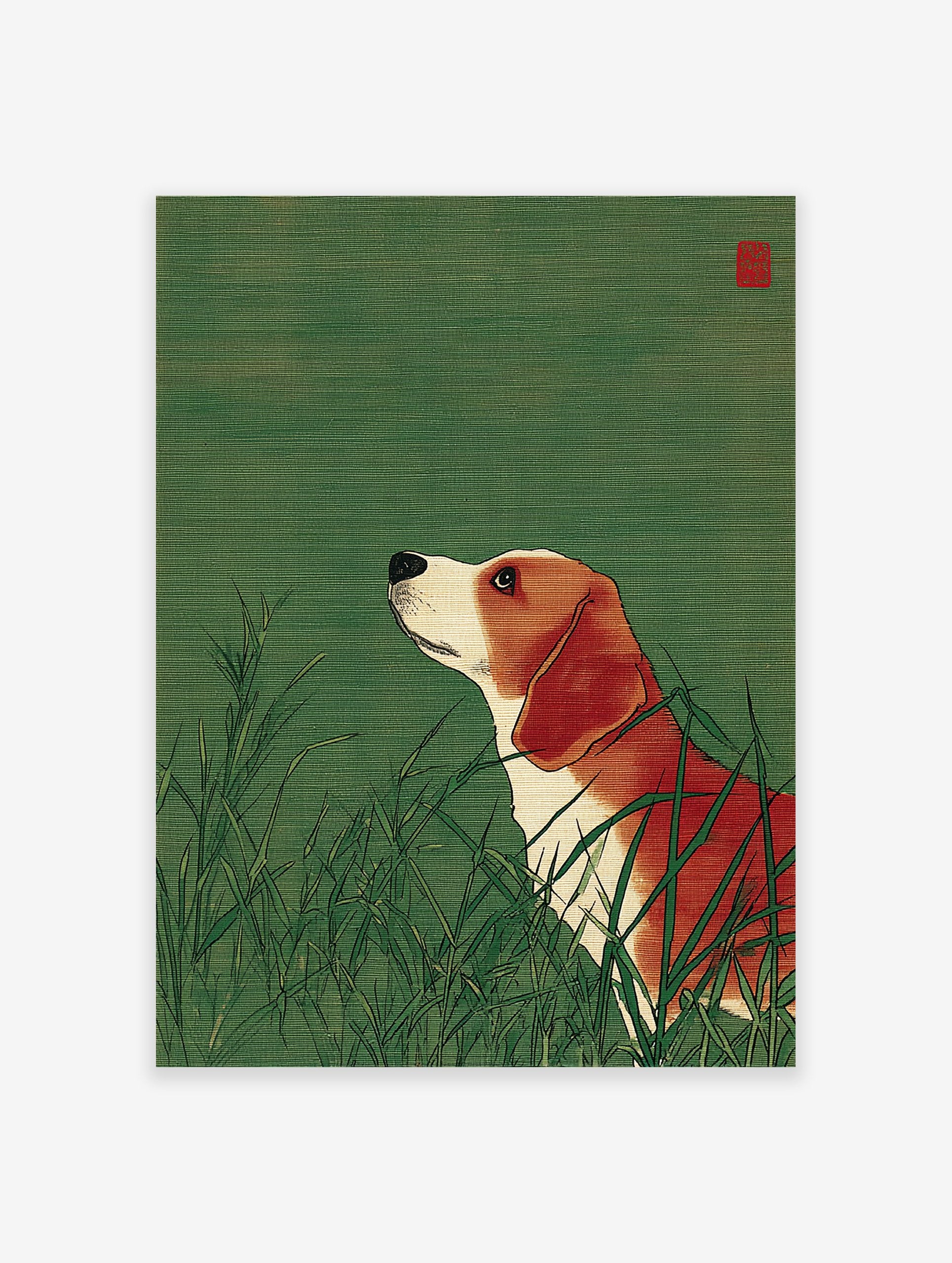 Japanese style illustration of a beagle dog with orange and white fur looking up from green grass.