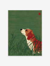 Japanese style illustration of a beagle dog with orange and white fur looking up from green grass.