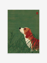 Japanese style illustration of a beagle dog with orange and white fur looking up from green grass.