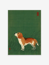 Illustrated beagle dog standing in green grass with red seal accents, a charming animal art print for home decor.