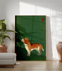 Illustrated beagle dog standing in green grass with red seal accents, a charming animal art print for home decor. - Image 3