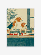 Illustrated vintage print of two beagle dogs on a kitchen counter looking out a window