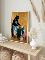 Black bear in blue apron serving tea to four white rabbits around a green table on a gold, in an alternate framed mockup