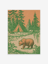 Brown bear walking by a canvas tent and pine trees in a green and orange woodland art print