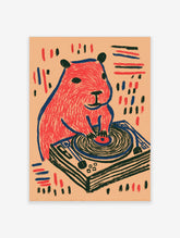 Red bear DJ with turntable and vinyl record, blue outlines, beige background, playful illustration art print