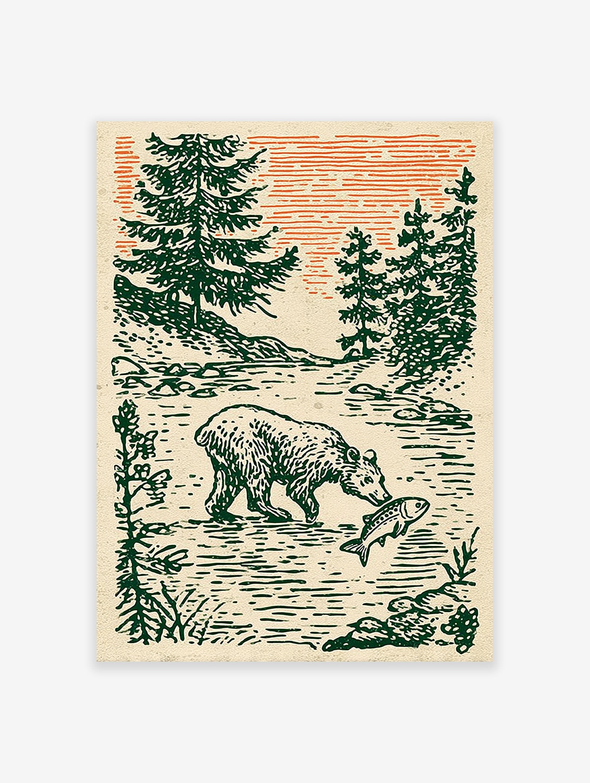 Illustrative art print of a bear catching a fish in a river, surrounded by green pine trees under an orange sky.