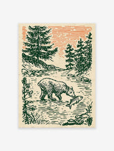 Illustrative art print of a bear catching a fish in a river, surrounded by green pine trees under an orange sky.