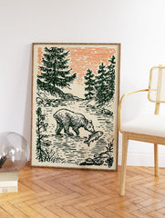 Illustrative art print of a bear catching a fish in a river, surrounded by green pine trees under an orange sky. - Image 2