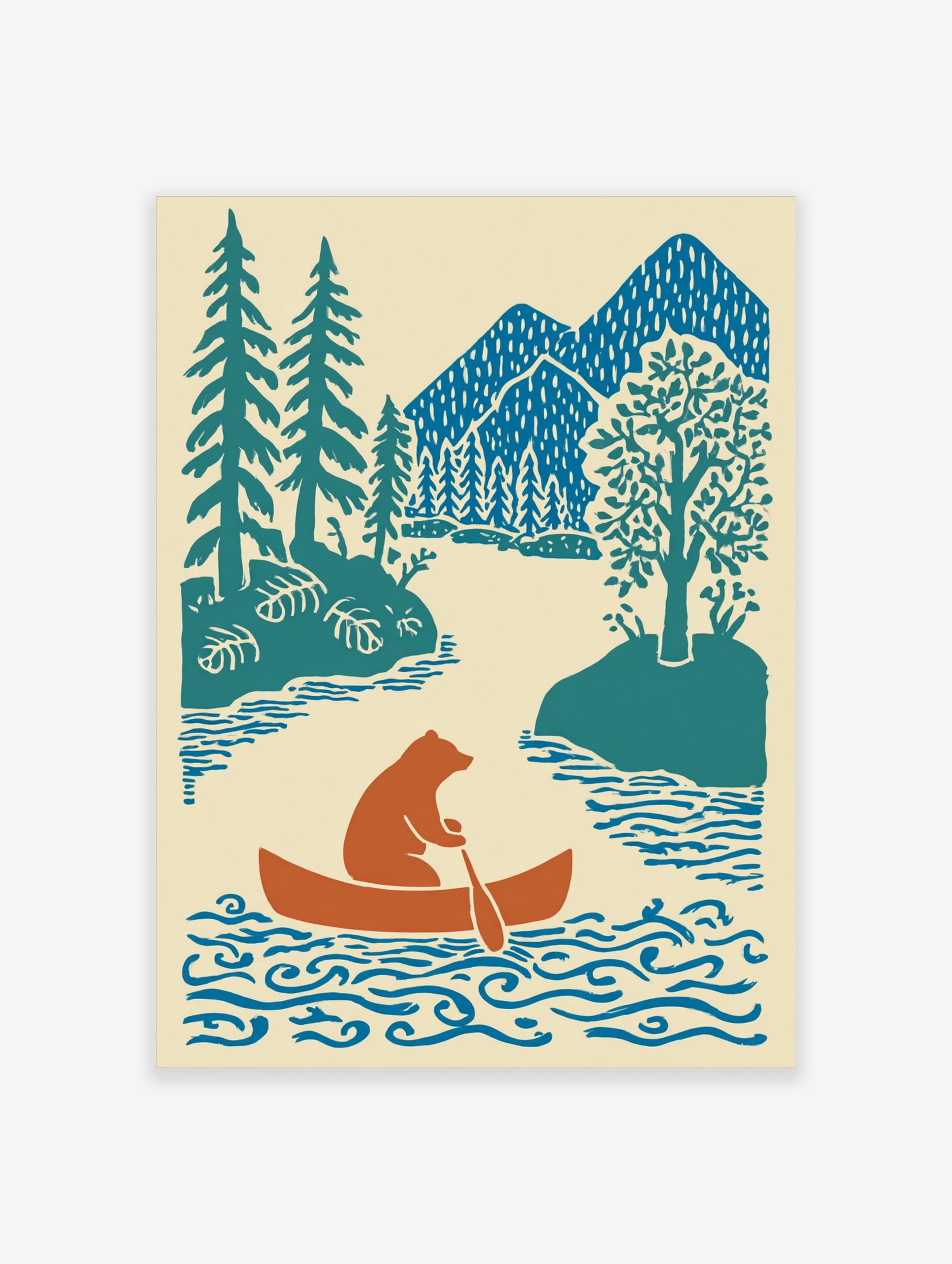Brown bear paddling orange canoe on blue river with teal trees and blue mountains in illustrative style