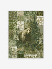 Brown bear standing in a patchwork forest with a pine tree, green and beige patterns