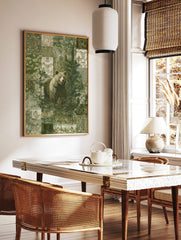Brown bear standing in a patchwork forest with a pine tree, green and beige patterns, in a styled room mockup