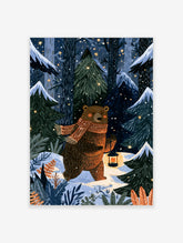 Brown bear with red scarf and glowing lantern in a snowy winter forest at night, illustrative wall art