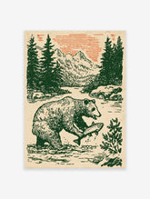 Vintage style illustration of a bear catching a fish in a river with pine trees, mountains, and an orange sky. Bear wall art.