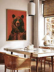 Close-up poster of a brown bear wearing aviator sunglasses, set against a textured red-orange background. - Image 2