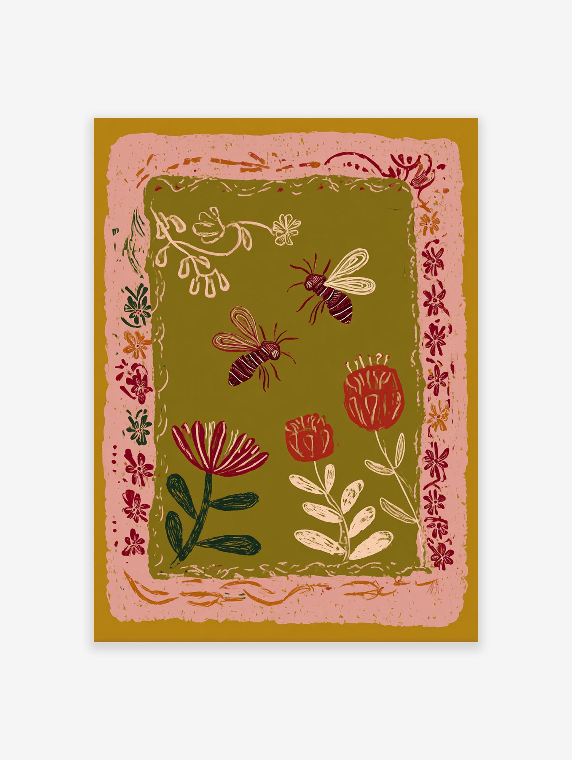 Illustrative bee and flower wall art print with a pink border on an olive green background, featuring botanical elements.
