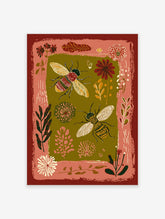 Illustrative bee and botanical wall art print with two bees, flowers, and leaves in earth tones and a terracotta border.