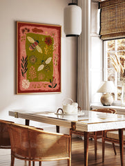 Illustrative bee and botanical wall art print with two bees, flowers, and leaves in earth tones and a terracotta border. - Image 2