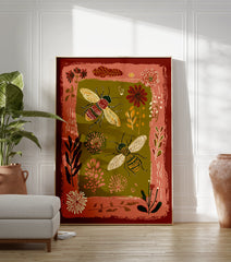 Illustrative bee and botanical wall art print with two bees, flowers, and leaves in earth tones and a terracotta border. - Image 3
