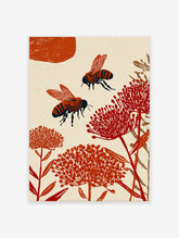 Two stylized orange and black bees flying among red botanical flowers on a cream background. Bee wall art illustration.