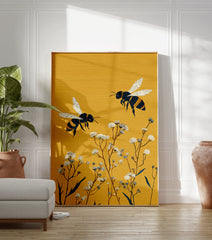 Bee Wall Art illustration of two black and yellow flying bees above white flowers on a textured yellow background. - Image 3