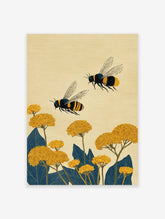 Two black and yellow striped bees flying above yellow flowers and dark blue leaves in a detailed botanical illustration art print.