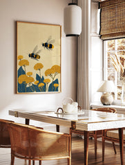 Two black and yellow striped bees flying above yellow flowers and dark blue leaves in a detailed botanical illustration art print. - Image 2
