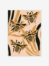 Bee wall art with four stylised bees on beige background with black and ochre accents