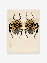 Symmetrical bee art print with gold-ringed eyes, black legs, and pale wings on cream background