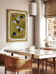 Illustrated bee and floral wall art print on an olive green background with a decorative border. - Image 2