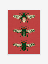 Three illustrated bees with striped abdomens and patterned wings on a red background, vertical arrangement