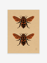 Two symmetrical bee illustrations in orange and black on a beige background, insect wall art print