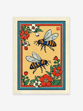Two blue and orange bees flying among red and white flowers on a yellow background with a vintage border.