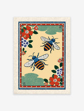 Vintage bee wall art print with two blue and orange striped bees, red and blue flowers on a yellow background.