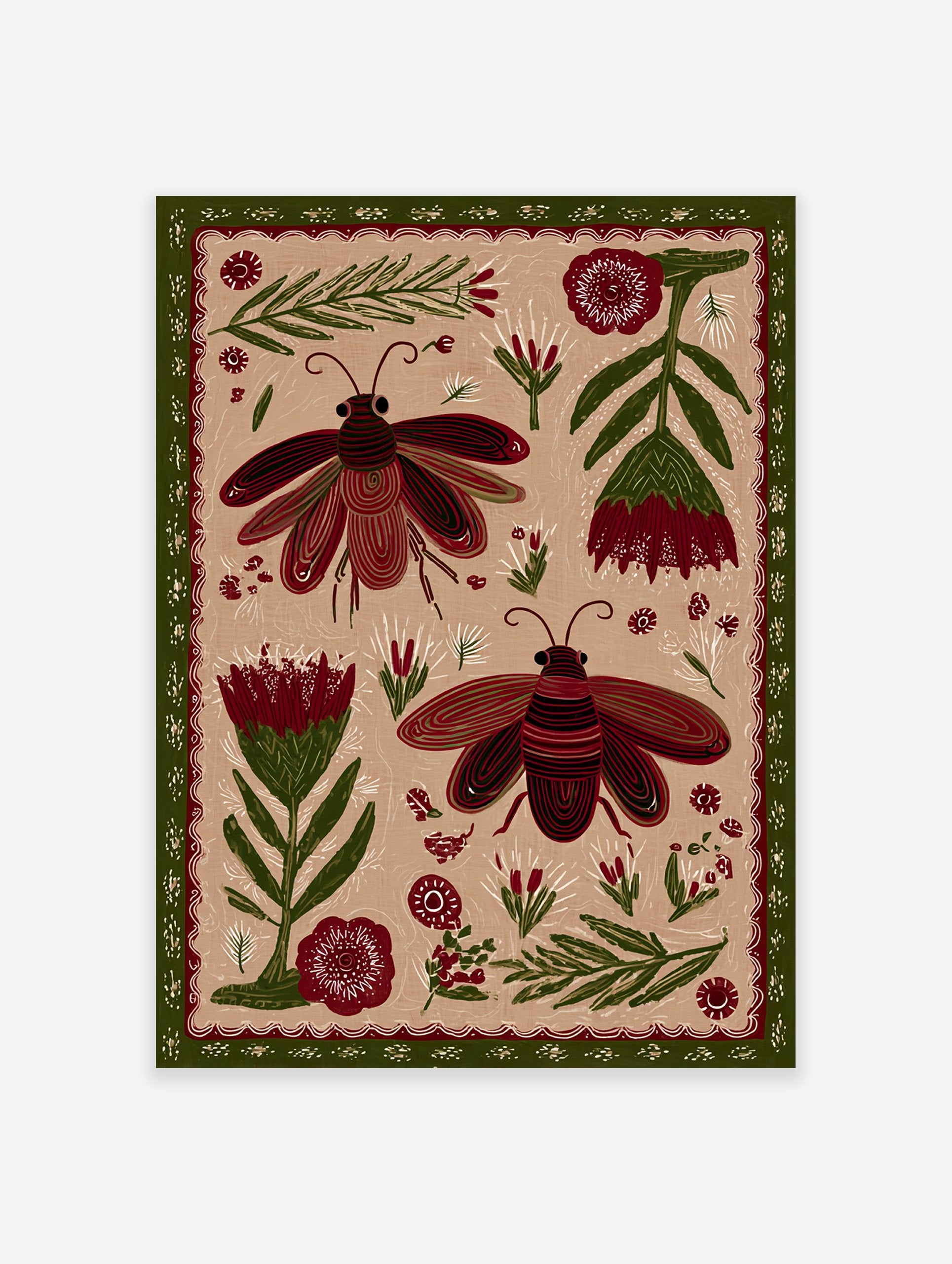 Folk art illustration of two red and green beetles with botanical elements on a beige background, framed by a green border.