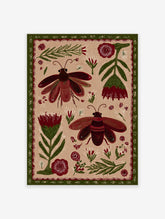 Folk art illustration of two red and green beetles with botanical elements on a beige background, framed by a green border.