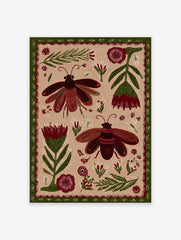 Folk art illustration of two red and green beetles with botanical elements on a beige background, framed by a green border.
