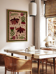 Folk art illustration of two red and green beetles with botanical elements on a beige background, framed by a green border. - Image 2
